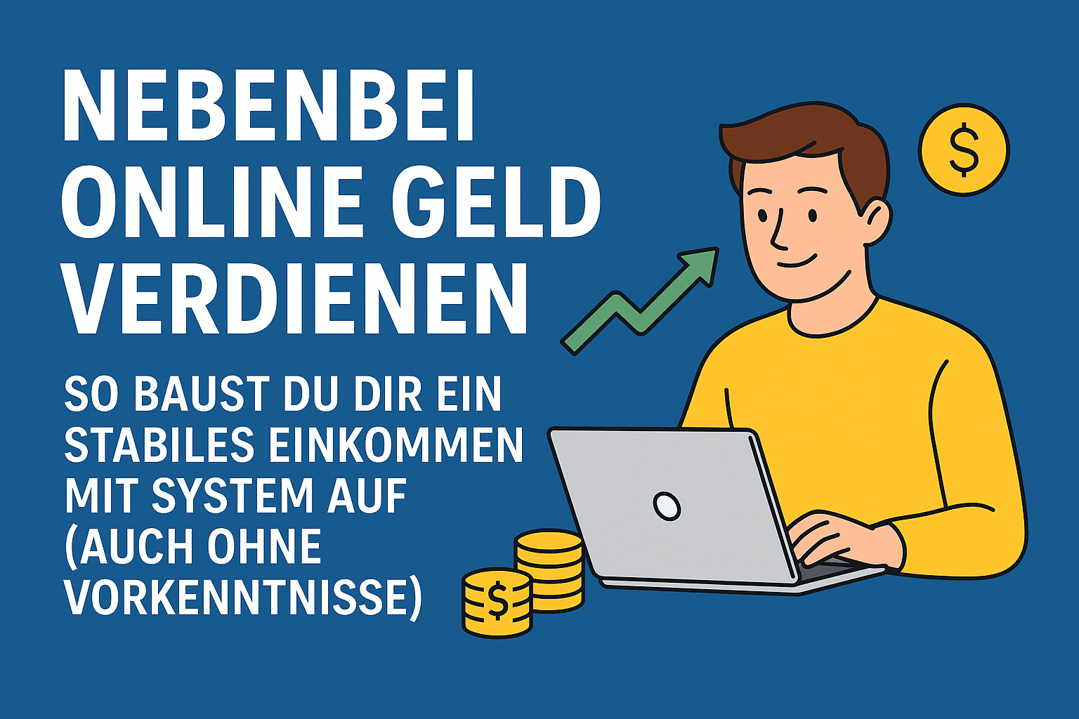 Beitragsbild: Nebenbei online Geld verdienen – Mann arbeitet am Laptop mit Notizen und Systemplan