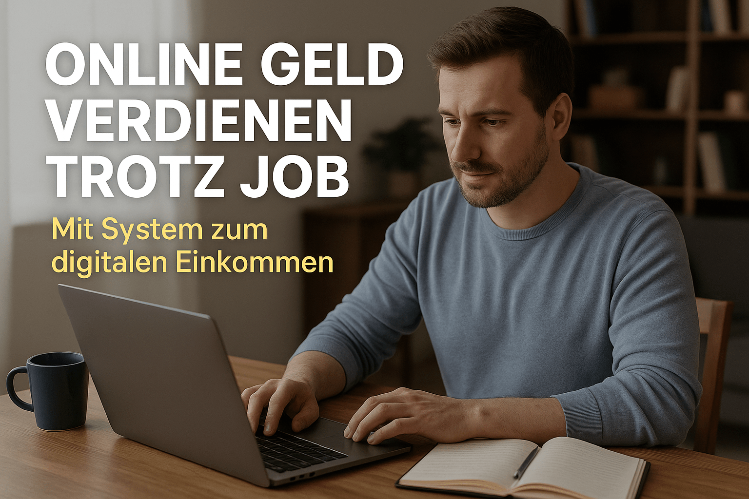 Mann arbeitet konzentriert im Homeoffice am Laptop – Online Geld verdienen trotz Job