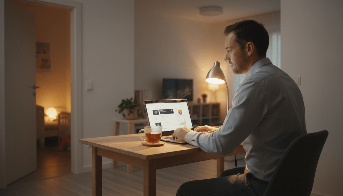 Berufstätiger Vater arbeitet abends im gemütlichen Homeoffice am Laptop, um online Geld neben dem Job zu verdienen